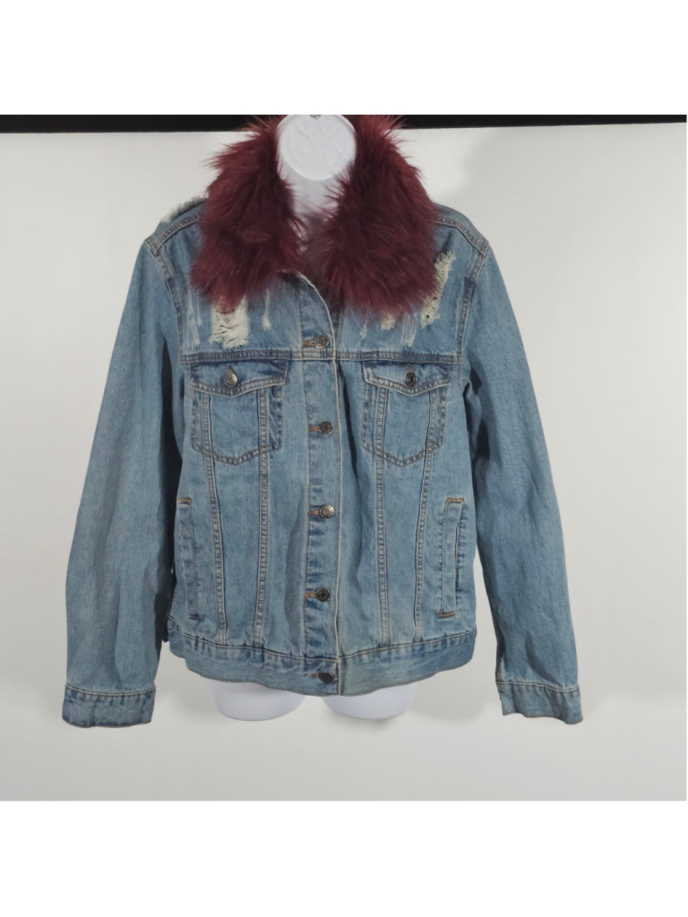 Ashley Vintage Charm Denim Jacket Large Faux Fur Collar Distressed Y2K Grunge